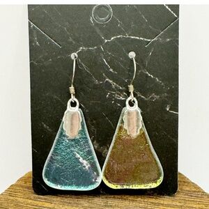 Iridescent recycled glass triangular sterling silver dangle earrings whimsical